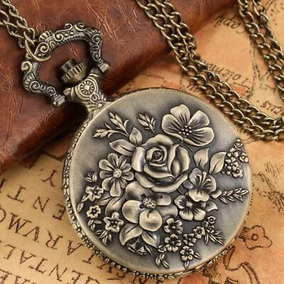 Steampunk Flower Quartz Analog Pocket Watch Necklace Chain Men Women Xmas Gifts • $4.63