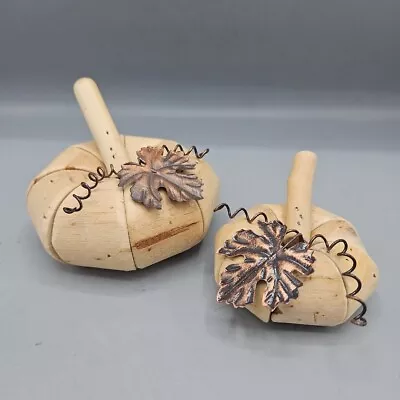 Wooden Pumpkin Figurine Set Of 2 Metal Vine Farmhouse Cottage Fall Decor Small • $14.99