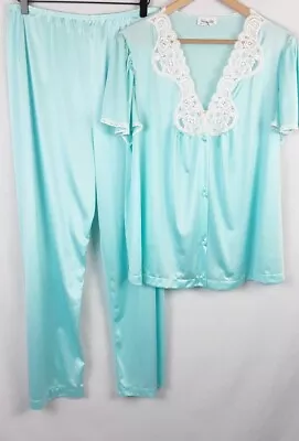 Vanity Fair Women's Vintage Nylon Pajama Set-Size-Large Teal Blue  • $21.49