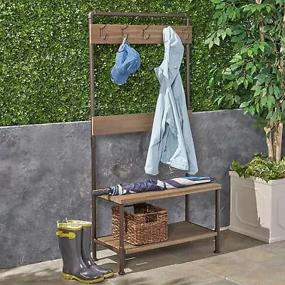 Dahl Outdoor Industrial Acacia And Iron Bench With Shelf And Coat Hooks • $192.32