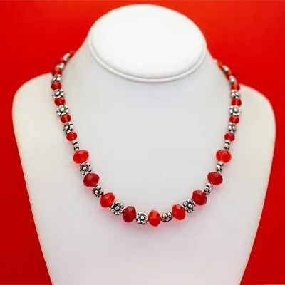 Vintage Scarlet Red Beads Unique Sterling Silver Necklace - O33 • $49.99