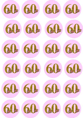 24 Edible 60th Birthday Pink Gold Iced Icing Fondant 4cm Cupcake Toppers Cake • £4.50