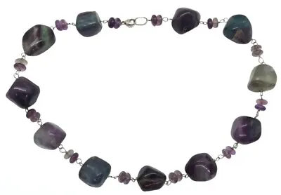 Vintage 80's Silver Rough Rainbow Fluorite Stone Choker Necklace • £75