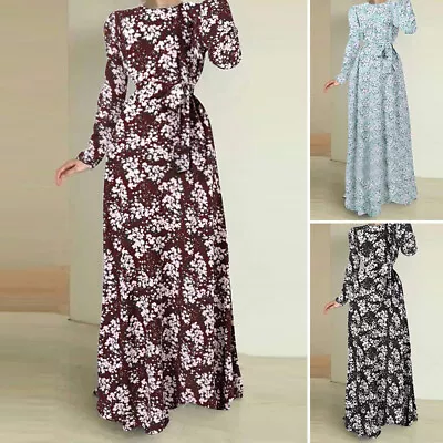$27.16 • Buy ZANZEA Womens Round Neck Long Sleeve Floral Printed Abaya Belted Maxi Long Dress