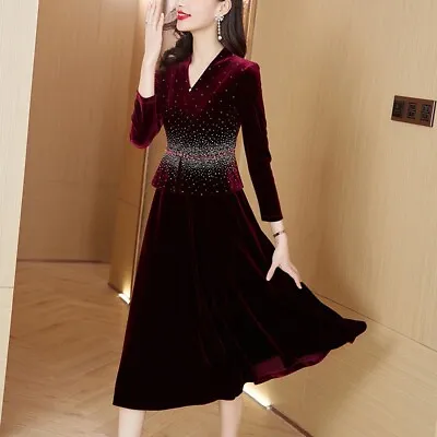 Womens V Neck Fake Two Piece Patchwork Velvet Elegant Party Dress Slim Ball Gown • $60.37