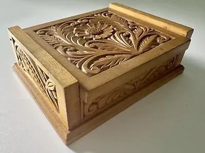 Hand Carved Floral Foliate Blond Wood Trinket Box Made In Hungary • $8