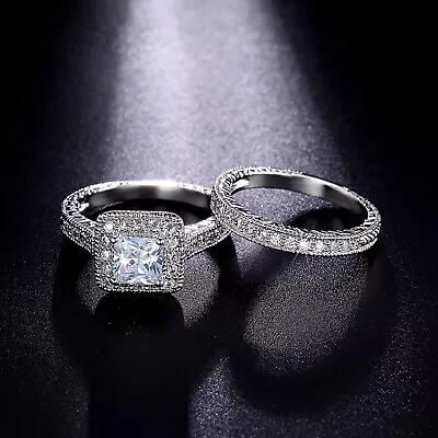 Set Of 2 Couples Princess Cut Diamond Set Ring Fashion Luxury Women Engagement • $9.14