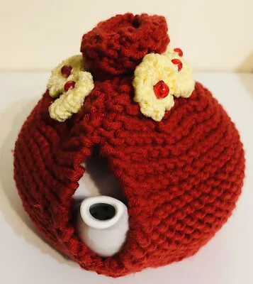 Tea Cosy Cute Red Handknitted Crocheted Flowers Kitsch Caravan Fit 4 Cup Teapot • $14