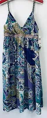 Eva Blue Bohemian Embroidered A-line Spaghetti Strap Batik Dress Size 10 Lined • $30