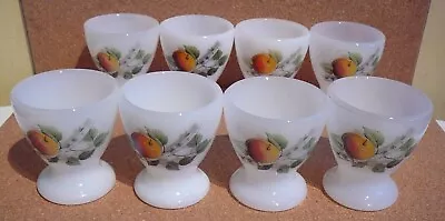 Hard To Find Set Of 8 Arcopal Milk Glass Egg Cups Fruit Tree Design • $29.99