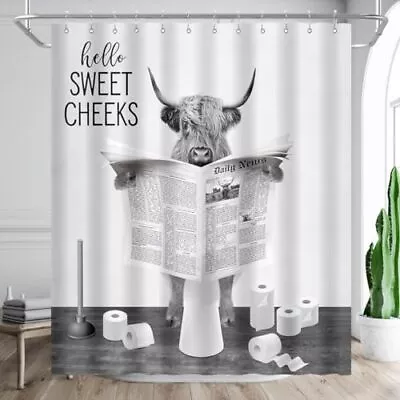 Highland Cow Reading Newspaper Shower Curtain Funny Black And White Cattle On... • $29.15