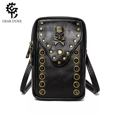 New Skull Men Women Gothic Steampunk Leather Crossbody Shoulder Mini Phone Bag • $29