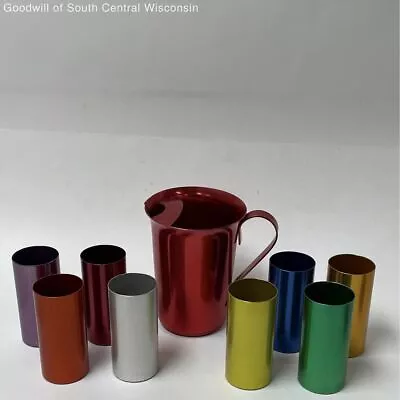 Vintage MCM Perma Hues Metal Colorful Cups - 8 Pieces With Pitcher • $49.99