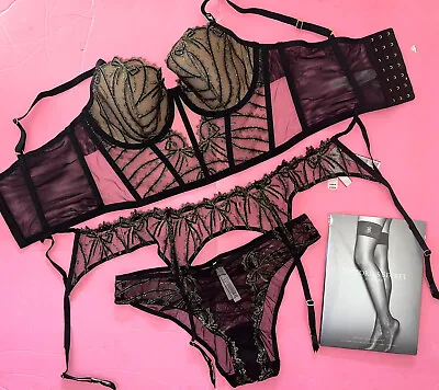 Victoria's Secret Longline 36D BRA SET+garter+L Panty BLACK Gold BOW Embroidered • £163.91