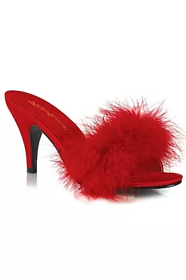 Pleaser USA Amour-03 Red PU Marabou Fur Slipper With Heel IN-STOCK • £55