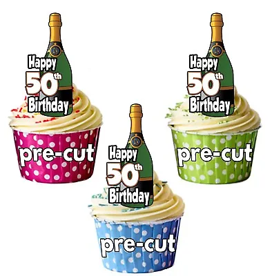 50th Birthday Champagne Bottles - Precut Edible Cupcake Toppers Cake Decorations • £3.99