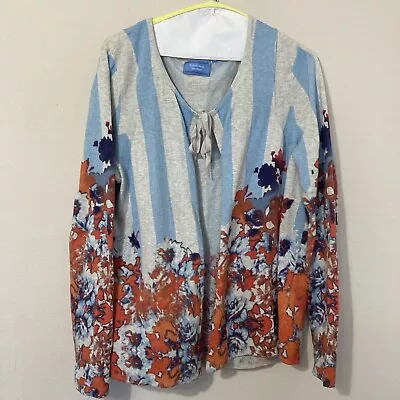 Simply Vera Wang Cardigan Size XL Blue Striped Floral Print Open Front Upper Tie • $12