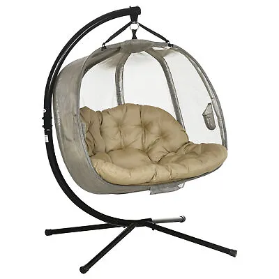 Outsunny Double Hanging Egg Chair 2 Seaters Swing Hammock W/ Cushion Brown • £209.99