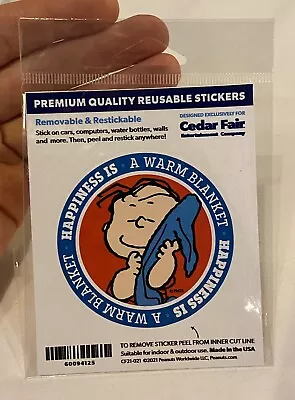 Peanuts Linus “Happiness Is A Warm Blanket  Reusable Sticker NIP Cedar Fair • $12.34