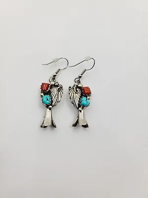 Vintage Navajo Sterling Silver Turquoise Coral Squash Blossom  Earrings • $69.99