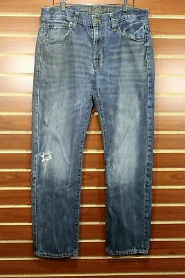 AE Destroyed Slim Straight Jeans Ripped Faded Medium Blue Wash Men's AEO 33 X 32 • $11.99