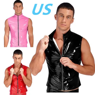 US Mens Patent Leather Vest Tank Top Sleeveless Stand Collar Zipper Front Jacket • $12.83