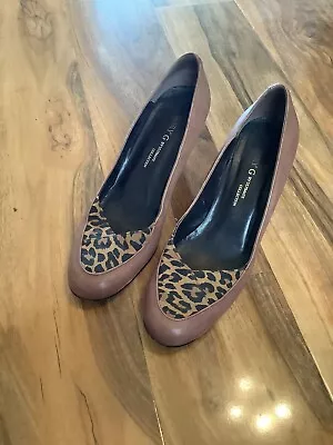 Mary G By Ultimate Collection Uk 4.5 Brown Leather Heeled Shoes Animal Print Toe • £2.95