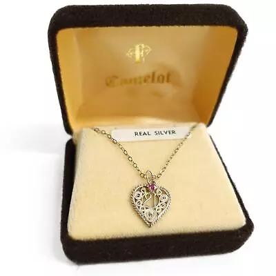 Vintage Camelot 925 Silver & Pink Gem Heart-Shaped 21st Birthday Necklace 16  • $21.76