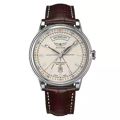 Aviator Brown Leather Ivory Dial Swiss Made Men's Automatic Watch - V32001414 • $1599