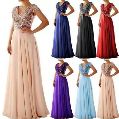 Women V Neck Bridesmaid Wedding Maxi Dress Cocktail Evening Party Prom Ball Gown • £23.99