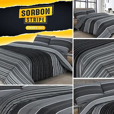 Panel Striped Duvet Cover Bedding & Pillowcases Set Grey Black Reversible • £16.95