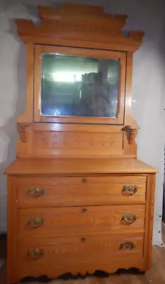 Butterprint Carved Oak Dresser With Mirror  Late Victorian Chest Of Drawers • $280