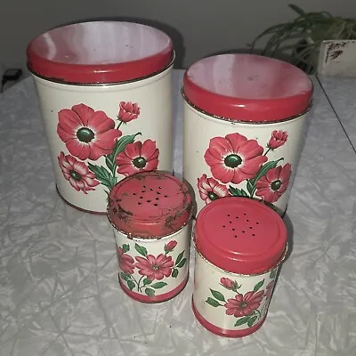 Vintage Tin Canisters 4 Piece Red Top Poppy Rose Flower Metal Nesting Decoware • $34