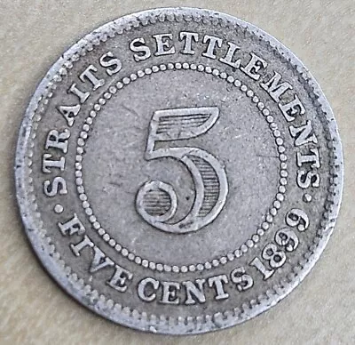 STRAITS SETTLEMENTS 1899 5 Cents F/VF Victoria Malaysia Silver World Coin #B • $14.99