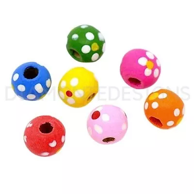 100 Pcs 10mm Mix Round Wooden Flower Polka Dot Beads Jewellery Kids Children Q59 • £2.89