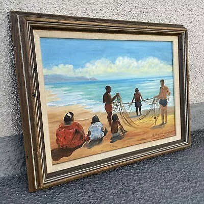 Vintage Oil Painting PUTTING OUT THE NETS By Bettie Rochon C1970s Maui Beach Art • $250