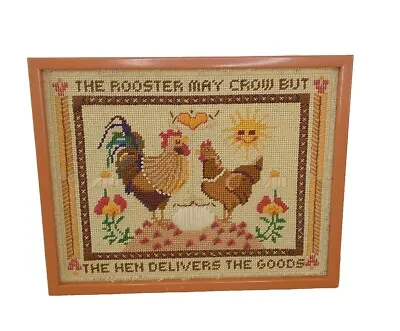 Vintage Framed Needlepoint - The Rooster May Crow But The Hen Delivers The Goods • $25
