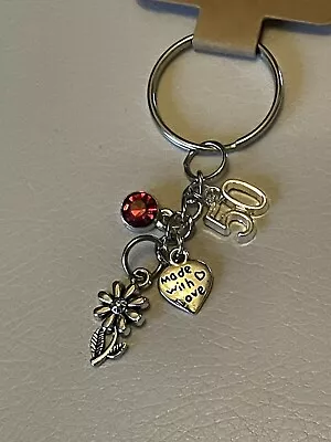 50th Female Birthday Flower ~ Made With Love Heart ~ Gem Charm Keyring Gift • £3.99