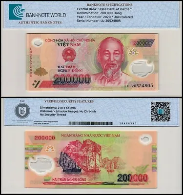 Vietnam 200000 Dong 2020 P-123k UNC Polymer Authenticated Banknote • $49.99