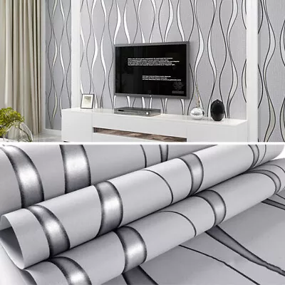 3D Damask Sliver Wave Wallpaper Roll Silver Grey Wall Paper For Home/Living Room • £7.19