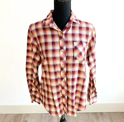Vintage 70s Noah's Ark Rust Navy Plaid Button Long Sleeve Shirt Women 36 Medium • $15