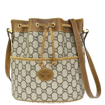 $208.50 • Buy GUCCI PLUS Logo Drawstring Shoulder Bag PVC Leather Brown Made In Italy 36MU005