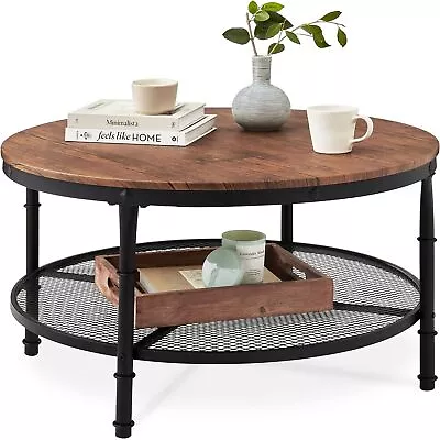 2-Tier 35.5in Round Industrial Coffee Table Rustic Steel Accent Table For Livin • $120.74