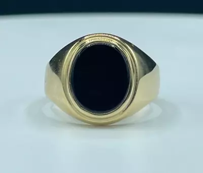 Vintage Mens Natural Black Onyx 14k Yellow Gold Signet Ring (Size 9.5) • $600