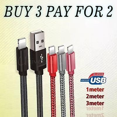 Long USB Charger Cable 1m 2m 3m Data Lead For IPhone 5 6 7 8 X IPod Touch Nano • £2.29