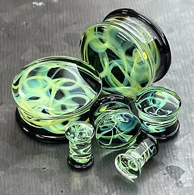 PAIR Of Green Swirling Smoke Style Pyrex Glass Double Flare Plugs Body Jewelry • $12.95