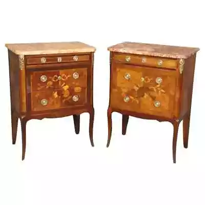 Companion Pair Inlaid French Marble Top Louis XV Nightstands Circa 1920s • $1895