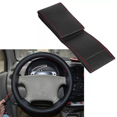 Black+Red PU Leather DIY Car Steering Wheel Cover 38cm With Needle And Thread DS • £5.74