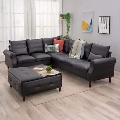 Artificial Leather Sofa CouchL Shape Corner Chaise Ottoman Suite-Rolled Arms • £169.99