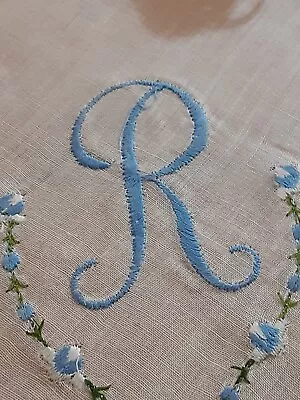 Vgt R Monogram Blue Embroidery White Cotton Scallop Edge Hankie Handkerchief • $7.50